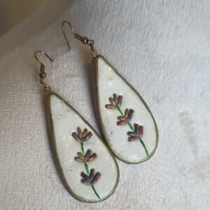 Vintage Hand-Painted Teardrop Earrings| Folk Art Floral Dangles Lightweight Wood